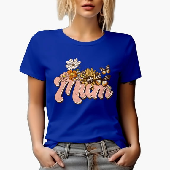 Distressed Retro Mum, Flowers and Butterflies Art, Mother's Day Merch Gift, Royal Blue T-Shirt, 2XL