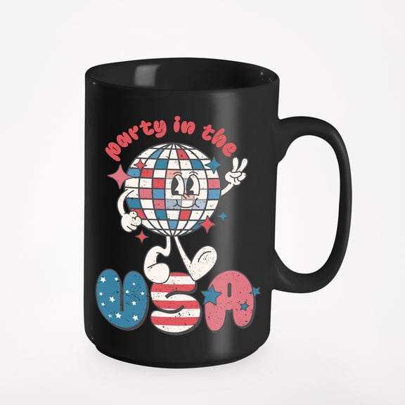Distressed Retro Party in the USA with Disco Ball, 4th of July Gift, Black 15oz Ceramic Mug