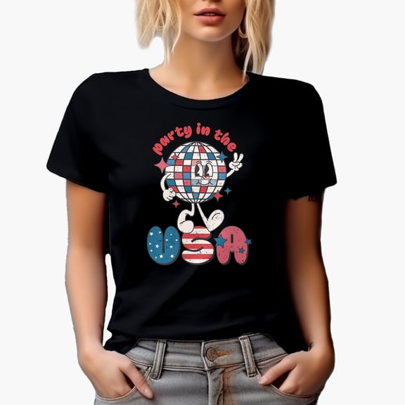 Distressed Retro Party in the USA with Disco Ball, 4th of July Gift, Black T-Shirt, Small