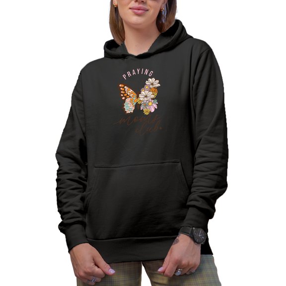 Distressed Retro Praying Moms Club with Butterfly & Flowers Art Merch Gift, Black Hooded Sweatshirt or Hoodie, XL