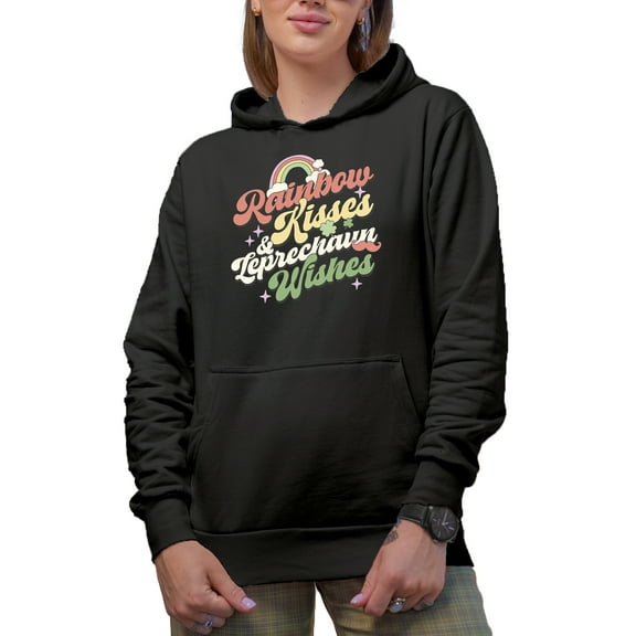 Retro Rainbow Kisses & Leprechaun Wishes, St. Patrick's Day Art Merch Gift, Black Hooded Sweatshirt or Hoodie, Small
