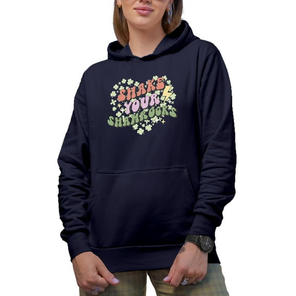 Retro Shake Your Shamrocks Groovy Wavy Text, St. Patrick's Day Gift, Navy Blue Hooded Sweatshirt or Hoodie, Large