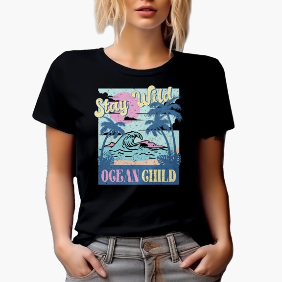 Distressed Retro Stay Wild, Ocean Child with Palm Trees & Waves, Summer Gift, Black T-Shirt, Small