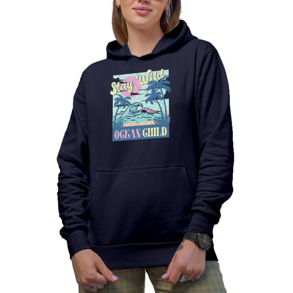 Distressed Retro Stay Wild, Ocean Child with Palm Trees & Waves, Summer Gift, Navy Blue Hooded Sweatshirt or Hoodie, XL