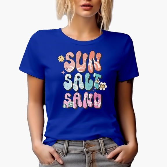 Distressed Retro Sun, Salt, Sand, Groovy Wavy Text Summer Merch Gift, Royal Blue T-Shirt, XL