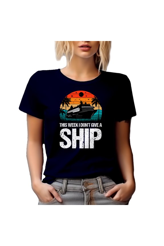 Distressed Retro This Week, I Don't Give a Ship - Cruise Lover Pun Quote, Navy Blue T-Shirt, Large