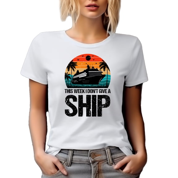Distressed Retro This Week, I Don't Give a Ship, Cruise Lover Pun Quote, White T-Shirt, Small