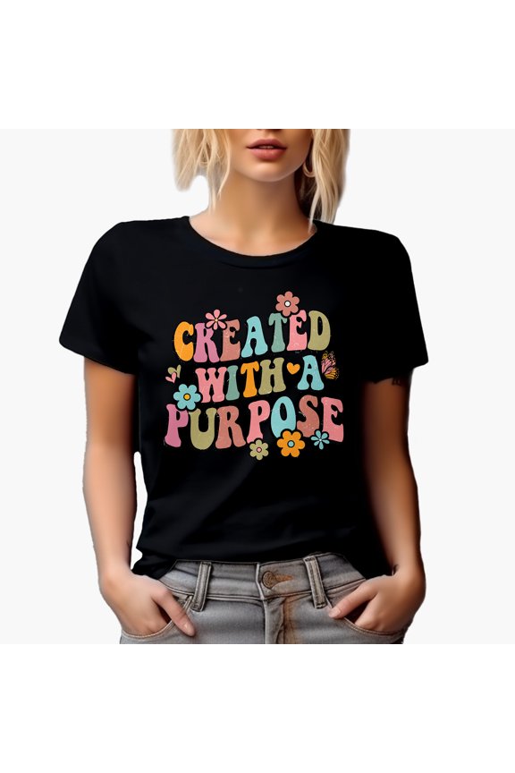 Distressed Retro Wavy Created with a Purpose Text Art Merch Gift, Black T-Shirt, 3XL