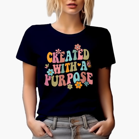 Distressed Retro Wavy Created with a Purpose Text Art Merch Gift, Navy Blue T-Shirt, Small