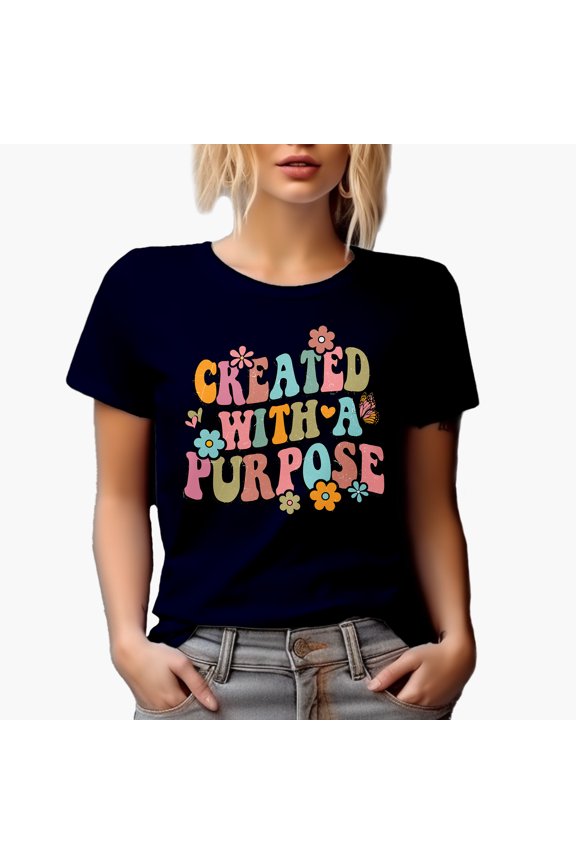 Distressed Retro Wavy Created with a Purpose Text Art Merch Gift, Navy Blue T-Shirt, XL