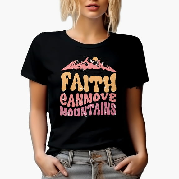 Distressed Retro Wavy Faith Can Move Mountains Text Art Merch Gift, Black T-Shirt, Small