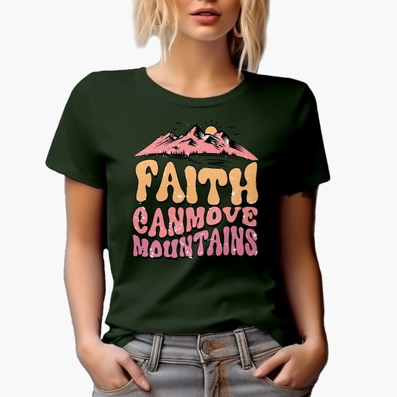 Distressed Retro Wavy Faith Can Move Mountains Text Art Merch Gift, Military Green T-Shirt, 3XL