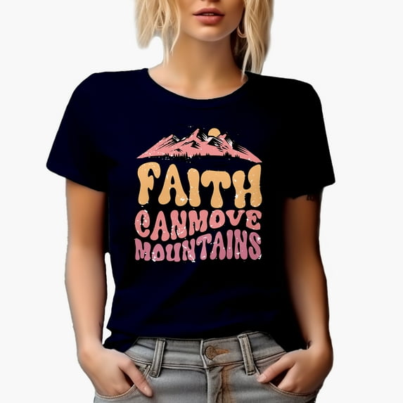 Distressed Retro Wavy Faith Can Move Mountains Text Art Merch Gift, Navy Blue T-Shirt, 3XL