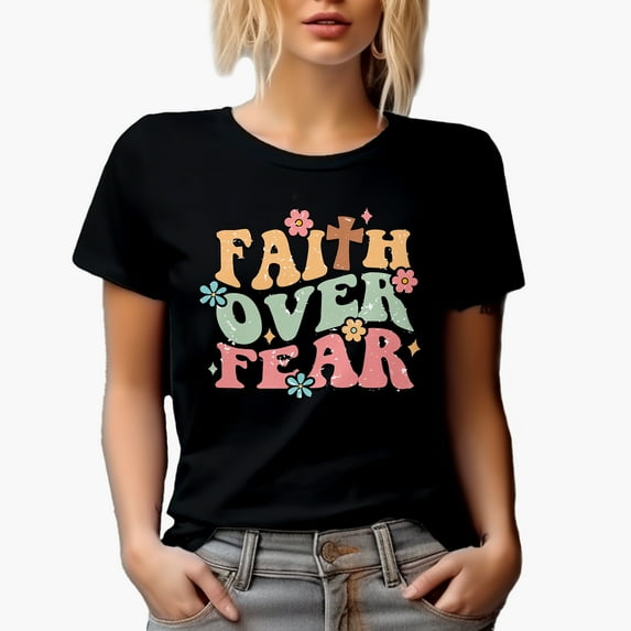 Distressed Retro Wavy Faith Over Fear Text Art Merch Gift, Black T-Shirt, Large
