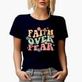 thumbnail image 1 of Distressed Retro Wavy Faith Over Fear Text Art Merch Gift, Navy Blue T-Shirt, Large, 1 of 5