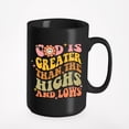 thumbnail image 1 of Distressed Retro Wavy God Is Greater Than the Highs and Lows Text Art Merch Gift, Black 15oz Ceramic Mug, 1 of 5