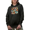 thumbnail image 1 of Distressed Retro Wavy Love Like Jesus Text Art Merch Gift, Black Hooded Sweatshirt or Hoodie, Large, 1 of 5