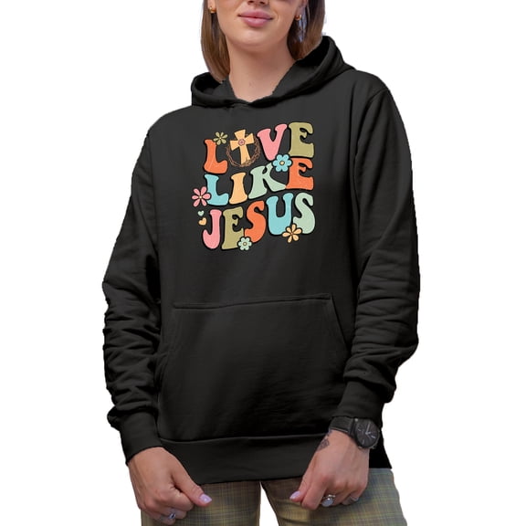Distressed Retro Wavy Love Like Jesus Text Art Merch Gift, Black Hooded Sweatshirt or Hoodie, Large