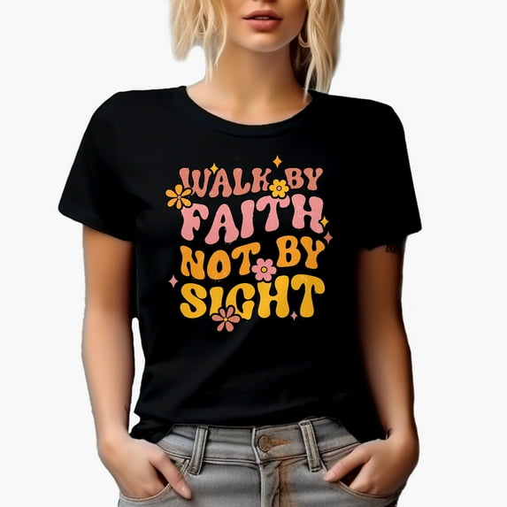 Distressed Retro Wavy Walk by Faith Not by Sight Text Art Merch Gift, Black T-Shirt, Large