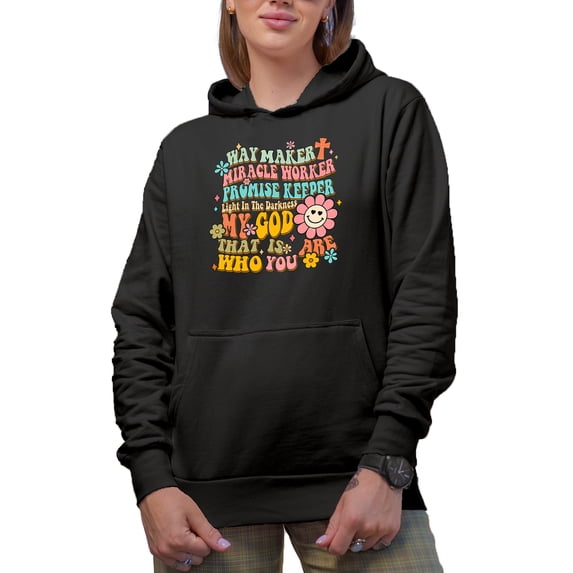 Distressed Retro Wavy Way Maker Miracle Worker, Christian Text Art Merch Gift, Black Hooded Sweatshirt or Hoodie, 2XL