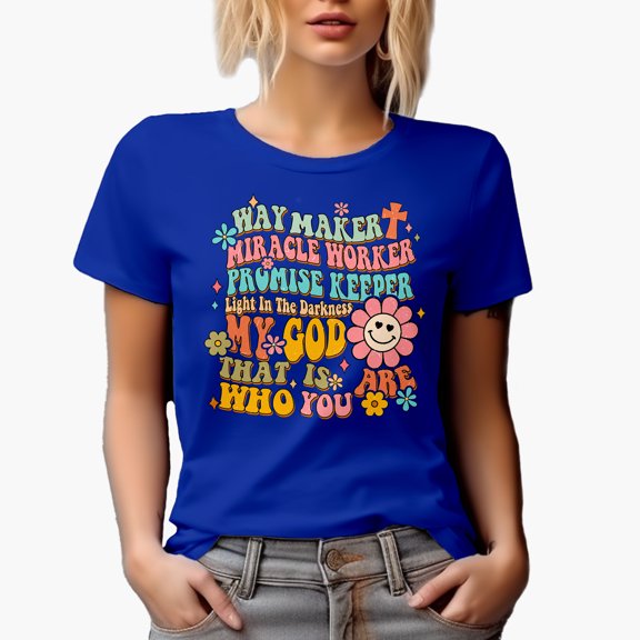 Distressed Retro Wavy Way Maker Miracle Worker, Christian Text Art Merch Gift, Royal Blue T-Shirt, Large