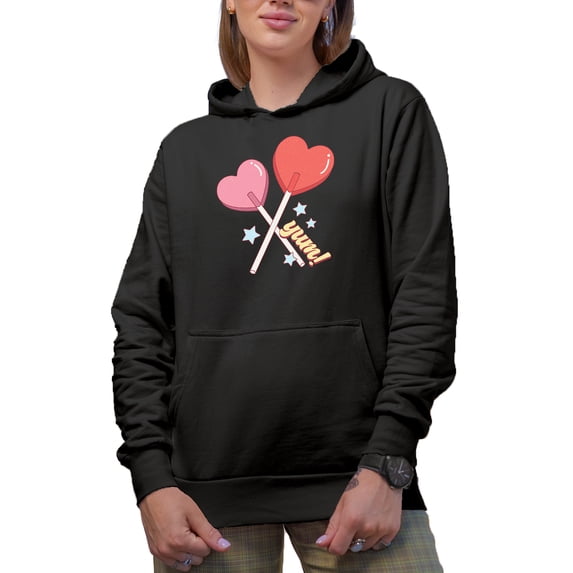 Distressed Retro Yum & Heart Lollipops Art, Valentine's Day Gift, Black Hooded Sweatshirt or Hoodie, Medium
