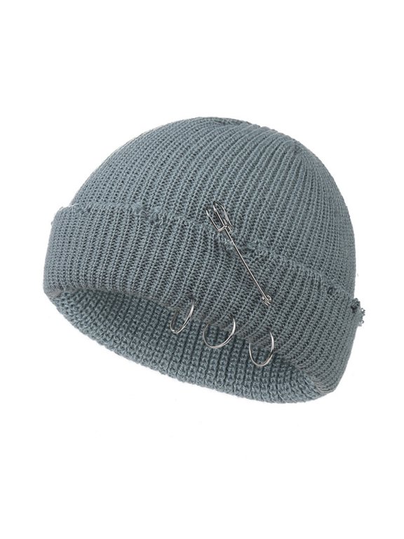 Distressed Ring Beanie Hat Unisex Fashion Hip-hop Slouchy Knitted Skull Caps Gray