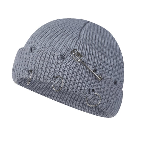 Distressed Ring Beanie Hat Unisex Fashion Hip-hop Slouchy Knitted Skull Caps Light Gray