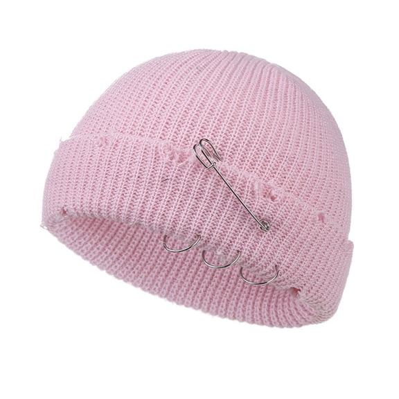 Distressed Ring Beanie Hat Unisex Fashion Hip-hop Slouchy Knitted Skull Caps Light pink