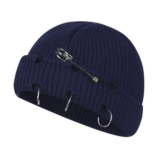 Distressed Ring Beanie Hat Unisex Fashion Hip-hop Slouchy Knitted Skull Caps Navy