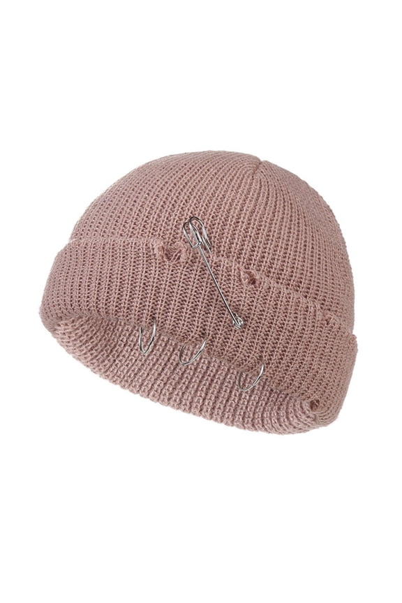 Distressed Ring Beanie Hat Unisex Fashion Hip-hop Slouchy Knitted Skull Caps Pink One Size