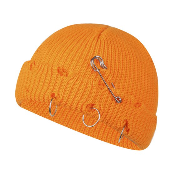 Distressed Ring Beanie Hat Unisex Fashion Hip-hop Slouchy Knitted Skull Caps Saffron