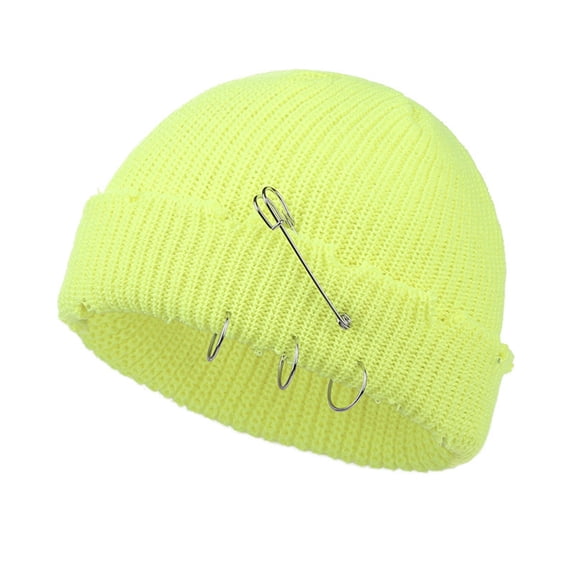 Distressed Ripped Knit Beanie Hat with Safety Pin and Iron Ring Accents, Trendy Solid Color Ribbed Woolen Skull Cap for Streetwear and Y2K Fashion