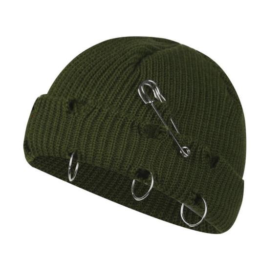 Distressed Ripped Knit Beanie Hat with Safety Pin and Iron Ring Accents, Trendy Solid Color Ribbed Woolen Skull Cap for Streetwear and Y2K Fashion