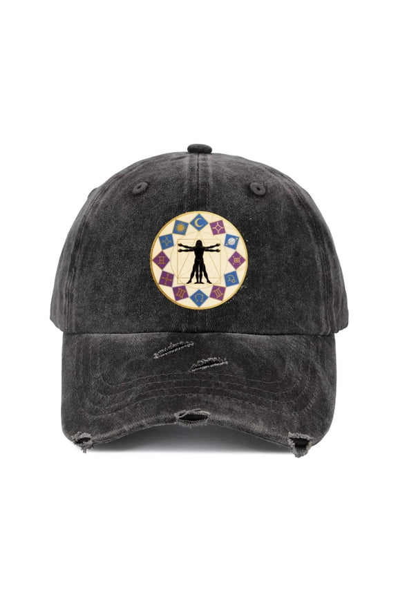 Distressed Ripped Raw Denim Baseball Cap Hats for Men Women - Black Solid No Wash Faded Vitruvian Man Zodiac Astrology Circle Graphic Adjustable Dad Hat Caps