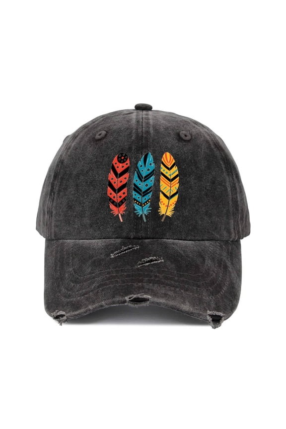 Distressed Ripped Raw Denim Baseball Caps Men Women Black No Wash Boho Feathers Colorful Tribal Graphic Adjustable Dad Hats