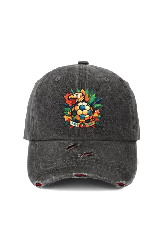 Distressed Ripped Raw Denim Baseball Caps Men Women Red No Wash Eagle Soccer Ball Stars Graphic Adjustable Dad Hats