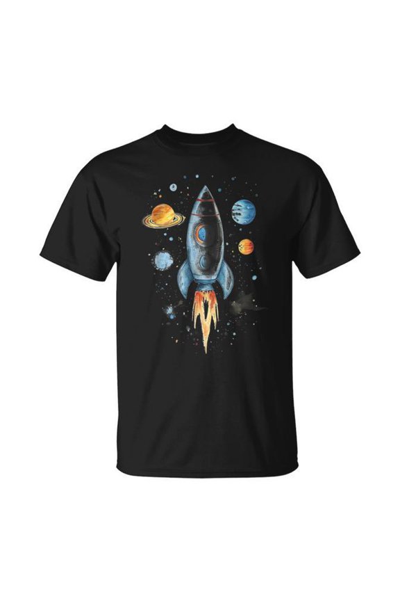 Distressed Rocket Ship And Planets T-Shirt Size S-5XL