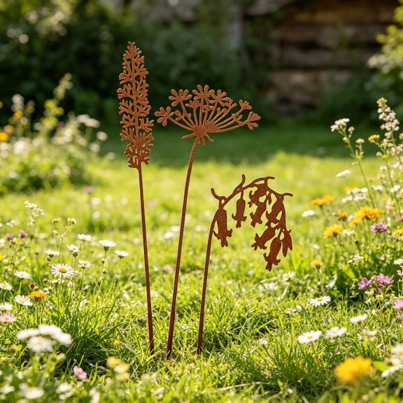 Distressed Rust Iron Flower Stake, Vintage Metal Garden Decor, Handcrafted Outdoor Table Centerpiece, Rustic Patio Decoration, Indoor Potted Plant Accent, Wedding Party Floral Display Brown