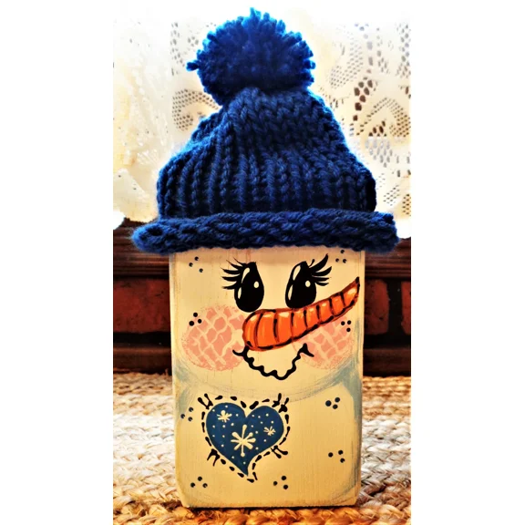 Distressed Rustic Wood Block Snowman Shelf Sitter Winter Christmas Holiday Decor