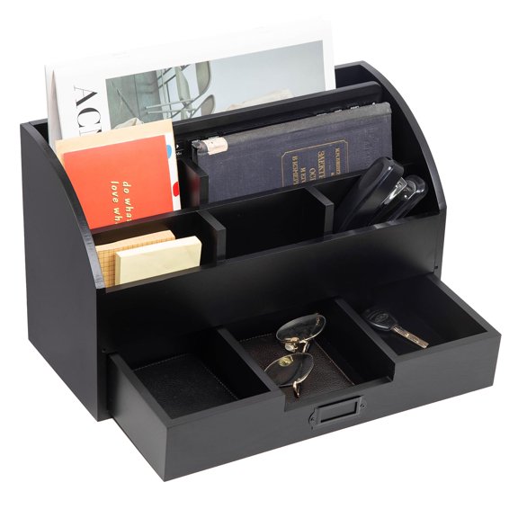 Distressed Rustic Wooden Office Desk Organizer 5 Compartment with 2 Drawer &Counter Desk Tabletop Desktop Mail Rack, Pens, Notebooks, Folders, Pencils and Office Supplies (Rock Grey)