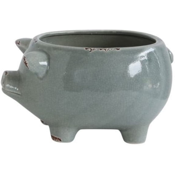 Distressed Sage Green Open Pig Shape Stoneware 8.75 x 6.25 Ceramic Standing Planter Pot