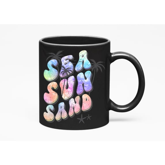 Distressed Sea, Sun and Sand, Palm Trees & Starfishes, Tie Dye Art Merch Gift, Black 11oz Ceramic Mug