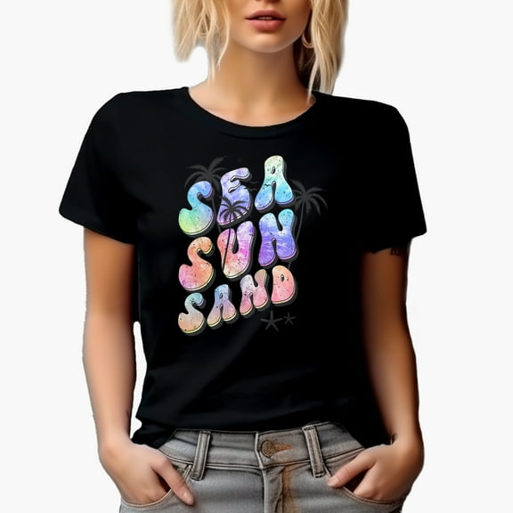 Distressed Sea, Sun and Sand, Palm Trees & Starfishes, Tie Dye Art Merch Gift, Black T-Shirt, Small