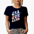 thumbnail image 1 of Distressed Sea, Sun and Sand, Palm Trees & Starfishes, Tie Dye Art Merch Gift, Navy Blue T-Shirt, Small, 1 of 5