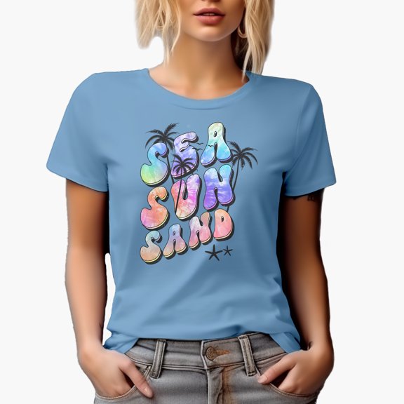 Distressed Sea, Sun and Sand with Palm Trees & Starfishes - Tie Dye Art Merch Gift, Baby Blue T-Shirt, 2XL