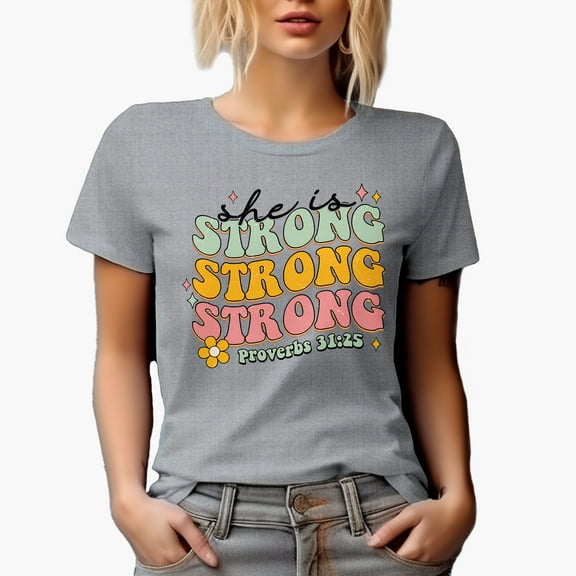 Distressed She Is Strong, Proverbs 31 25 - Retro Wavy Scripture Text Art, Christian Merch Gift, Heather Grey T-Shirt, 3XL