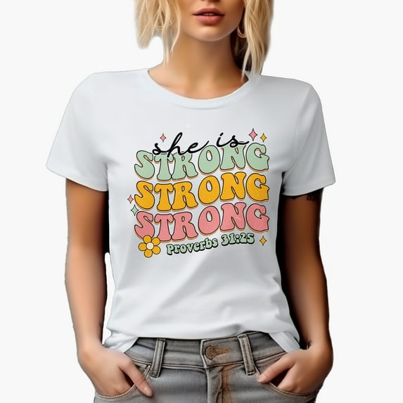 Distressed She Is Strong, Proverbs 31 25 - Retro Wavy Scripture Text Art, Christian Merch Gift, White T-Shirt, 2XL