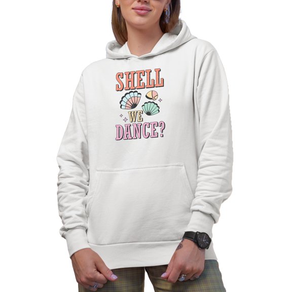 Distressed Shell We Dance Pun Quote - Shells, Beach & Dancing Themed Favor, Souvenir or Merch Gift, White Hooded Sweatshirt or Hoodie, Large