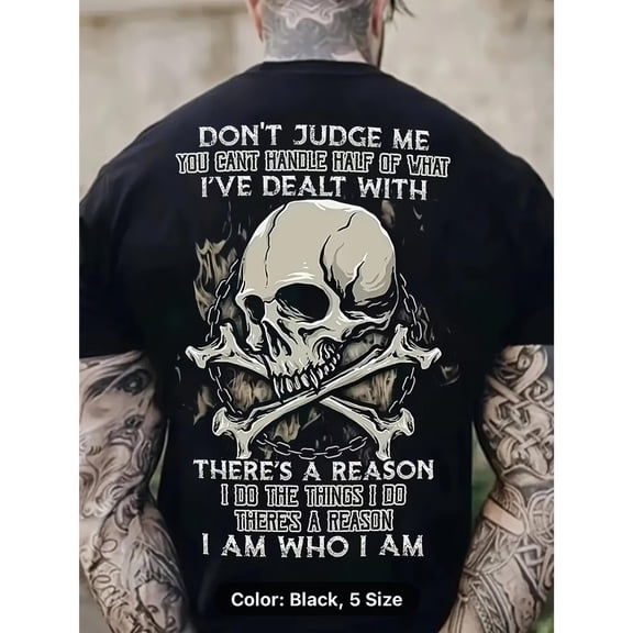 Men's Skull Attitude Graphic T-Shirt - Edgy Statement Print Short Sleeve Tee with Crossbones Flames Chain, Urban Streetwear Tops